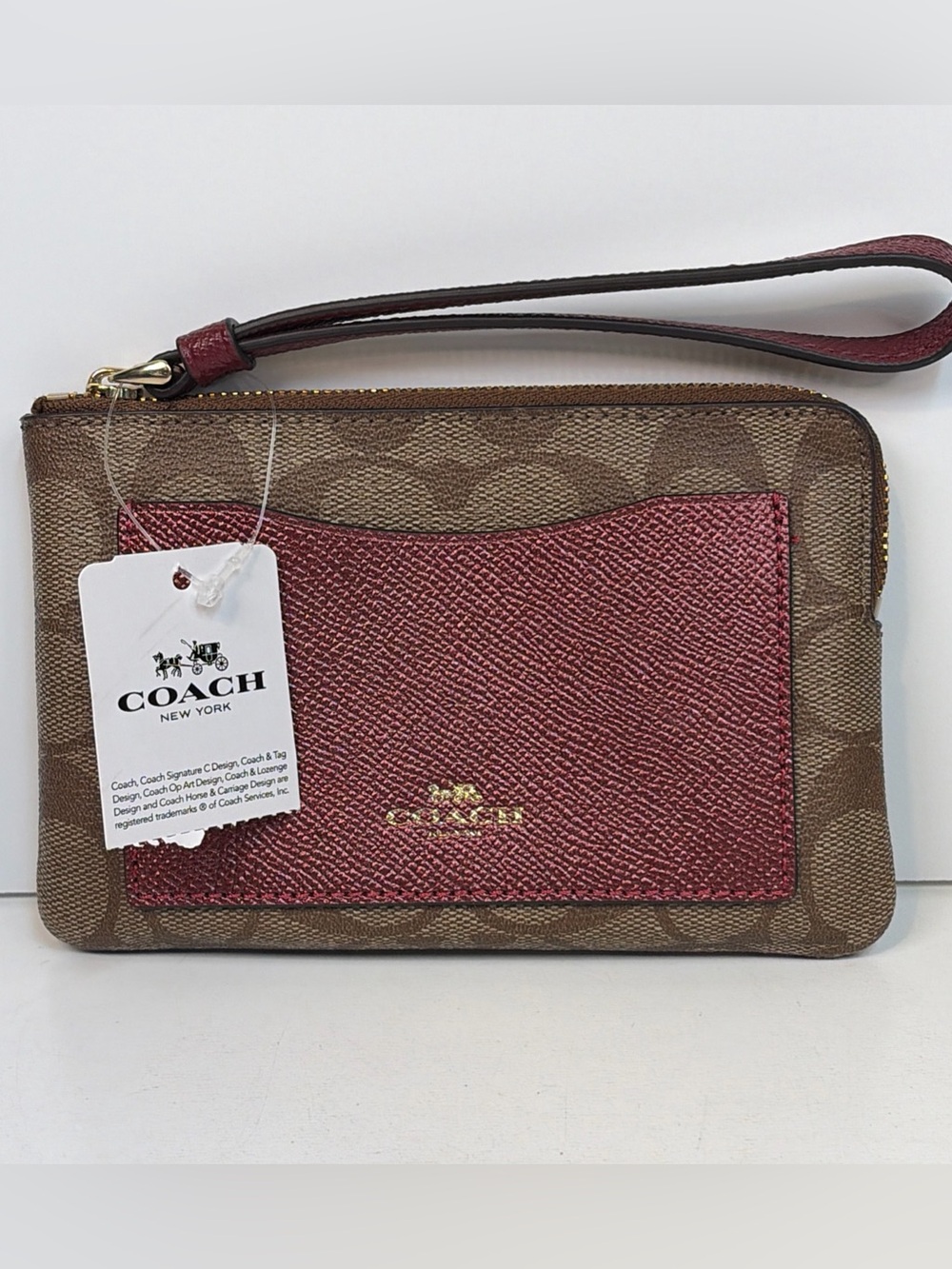 COACH WRISTLET WALLET KHAKI/ CHERRY METALLIC CORNER ZIP- NWT, F22713